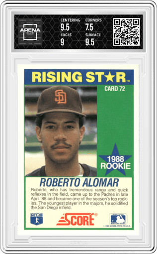 Roberto Alomar from the 1989 Score Hottest 100 Rising Stars set graded by Arena Club and given an overall grade of 8.