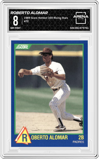 Roberto Alomar from the 1989 Score Hottest 100 Rising Stars set graded by Arena Club and given an overall grade of 8.