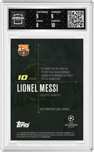 Lionel Messi from the 2020 Topps Lionel Messi Champions League set graded by Arena Club and given an overall grade of 8.5.