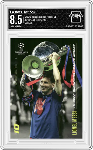 Lionel Messi from the 2020 Topps Lionel Messi Champions League set graded by Arena Club and given an overall grade of 8.5.