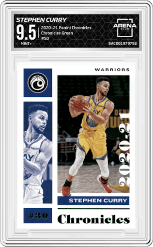 Stephen Curry from the 2020-21 Panini Chronicles set featuring a Green parallel graded by Arena Club and given an overall grade of 9.5.