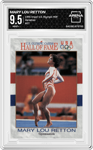 Mary Lou Retton from the 1991 Impel U.S. Olympic Hall of Fame set featuring a Variation parallel graded by Arena Club and given an overall grade of 9.5.