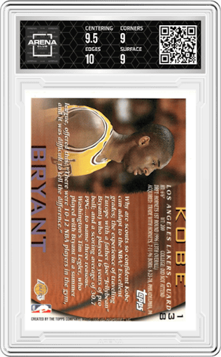 Kobe Bryant  from the 1996-97 Topps set graded by Arena Club and given an overall grade of 9.5.