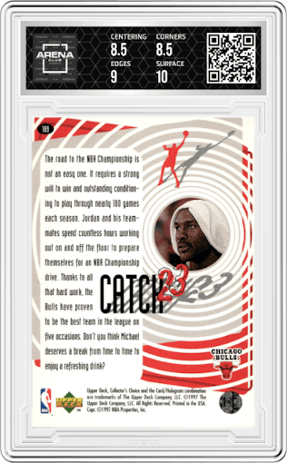 Michael Jordan from the 1997-98 Upper Deck Collector's Choice set graded by Arena Club and given an overall grade of 9.