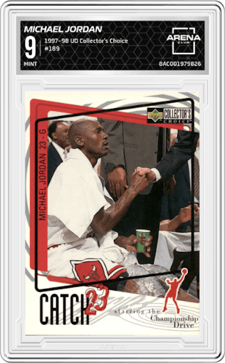 Michael Jordan from the 1997-98 Upper Deck Collector's Choice set graded by Arena Club and given an overall grade of 9.
