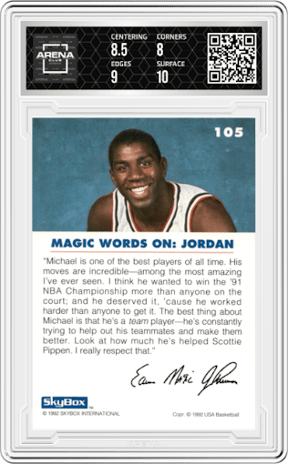 Magic on Jordan from the 1992 Skybox USA  set graded by Arena Club and given an overall grade of 8.5.