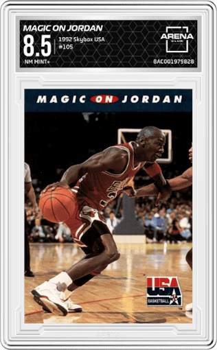 Magic on Jordan from the 1992 Skybox USA  set graded by Arena Club and given an overall grade of 8.5.