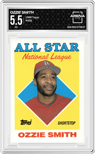 Ozzie Smith from the 1988 Topps set graded by Arena Club and given an overall grade of 5.5.