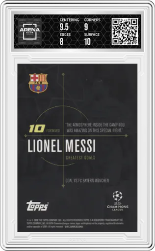 Lionel Messi from the 2020 Topps Lionel Messi Champions League set graded by Arena Club and given an overall grade of 8.5.
