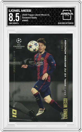 Lionel Messi from the 2020 Topps Lionel Messi Champions League set graded by Arena Club and given an overall grade of 8.5.