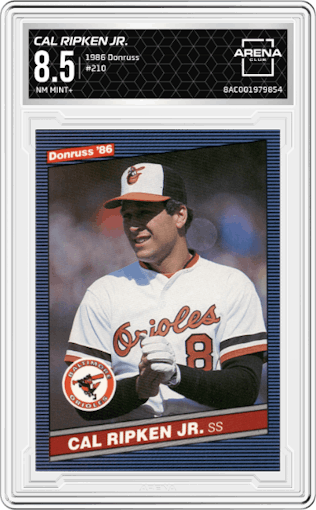Cal Ripken Jr. from the 1986 Donruss set graded by Arena Club and given an overall grade of 8.5.