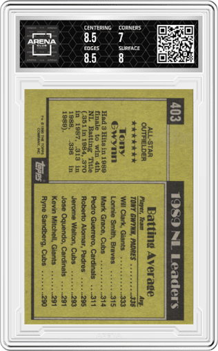 Tony Gwynn from the 1990 Topps set graded by Arena Club and given an overall grade of 7.5.