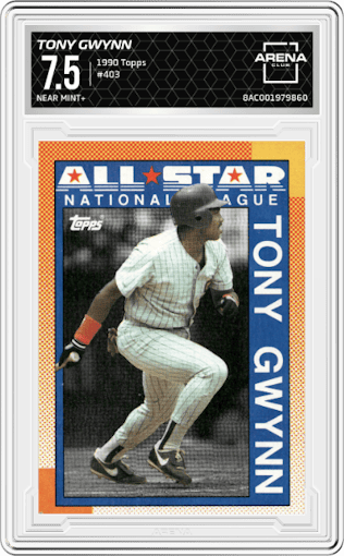 Tony Gwynn from the 1990 Topps set graded by Arena Club and given an overall grade of 7.5.