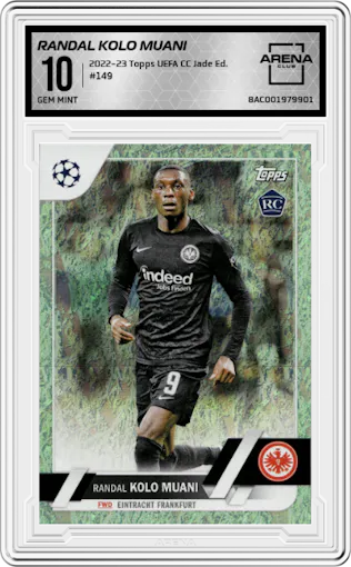 Randal Kolo Muani from the 2022-23 Topps Jade Edition UEFA Club Competitions set graded by Arena Club and given an overall grade of 10.