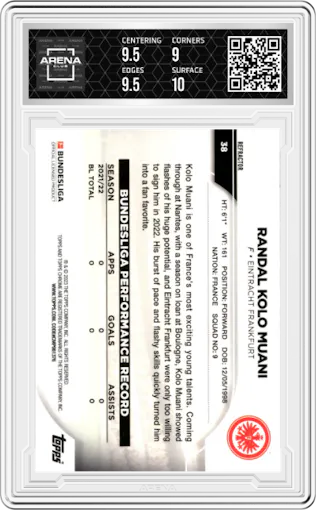 Randal Kolo Muani from the 2022-23 Topps Chrome Bundesliga set featuring a Refractor parallel graded by Arena Club and given an overall grade of 9.5.