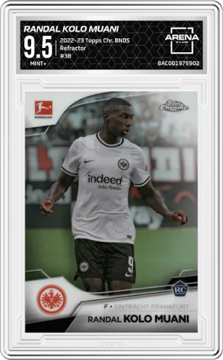 Randal Kolo Muani from the 2022-23 Topps Chrome Bundesliga set featuring a Refractor parallel graded by Arena Club and given an overall grade of 9.5.