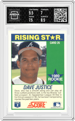 Dave Justice from the 1989 Score set graded by Arena Club and given an overall grade of 7.5.