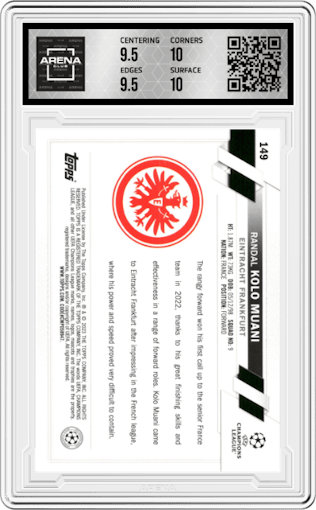 Randal Kolo Muani from the 2022-23 Topps Jade Edition UEFA Club Competitions set graded by Arena Club and given an overall grade of 10.