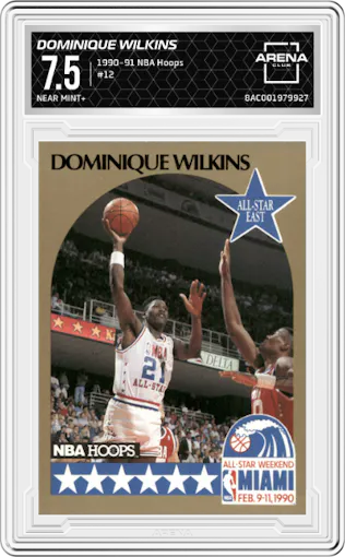 Dominique Wilkins from the 1990-91 NBA Hoops set graded by Arena Club and given an overall grade of 7.5.