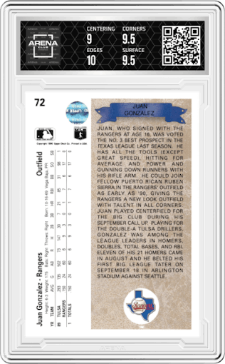 Juan Gonzalez from the 1990 Upper Deck set graded by Arena Club and given an overall grade of 9.5.