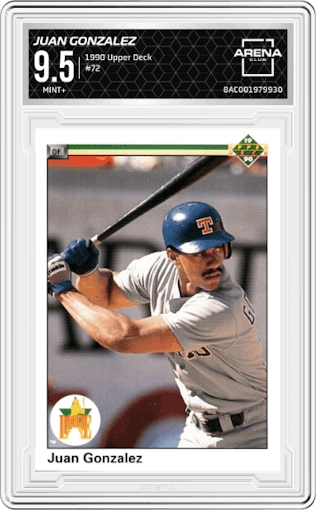 Juan Gonzalez from the 1990 Upper Deck set graded by Arena Club and given an overall grade of 9.5.