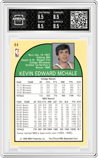 Kevin McHale from the 1990-91 NBA Hoops set graded by Arena Club and given an overall grade of 8.5.