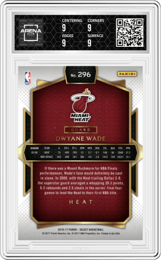 Dwyane Wade from the 2016-17 Panini Select set graded by Arena Club and given an overall grade of 9.
