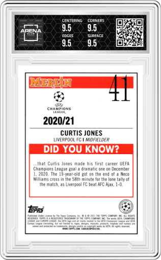 Curtis Jones from the 2020-21 Topps Merlin Chrome UEFA Champions League set graded by Arena Club and given an overall grade of 9.5.