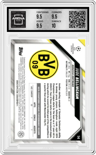 Jude Bellingham from the 2021-22 Topps UEFA CL set featuring a Sparkle Foil parallel graded by Arena Club and given an overall grade of 10.