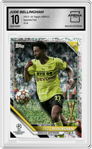 Jude Bellingham from the 2021-22 Topps UEFA CL set featuring a Sparkle Foil parallel graded by Arena Club and given an overall grade of 10.