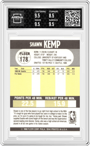 Shawn Kemp from the 1990-91 Fleer set graded by Arena Club and given an overall grade of 9.