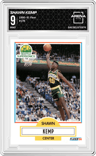 Shawn Kemp from the 1990-91 Fleer set graded by Arena Club and given an overall grade of 9.