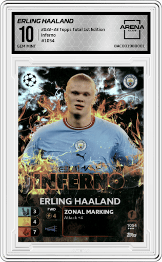 Erling Haaland from the 2022-23 Topps Total Football 1st Edition set graded by Arena Club and given an overall grade of 10.