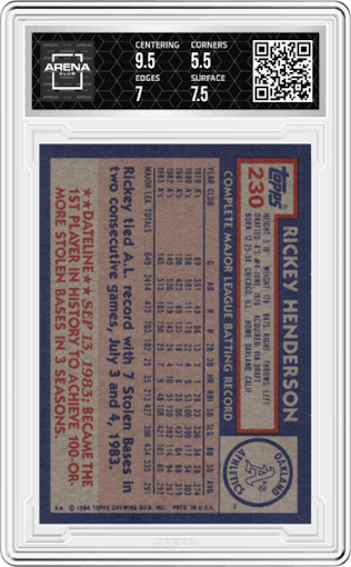 Rickey Henderson from the 1984 Topps set graded by Arena Club and given an overall grade of 6.