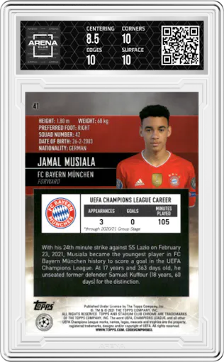 Jamal Musiala from the 2020-21 Topps Stadium Club Chrome UEFA CL set graded by Arena Club and given an overall grade of 9.