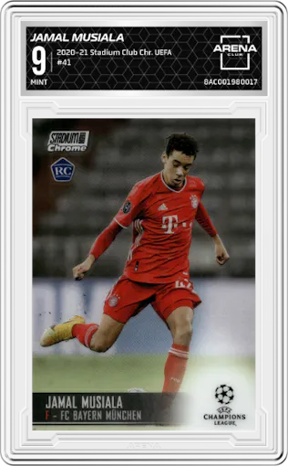 Jamal Musiala from the 2020-21 Topps Stadium Club Chrome UEFA CL set graded by Arena Club and given an overall grade of 9.