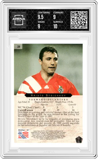 Hristo Stoichkov from the 1994 Upper Deck World Cup Heroes and All-Stars set graded by Arena Club and given an overall grade of 9.5.