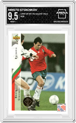 Hristo Stoichkov from the 1994 Upper Deck World Cup Heroes and All-Stars set graded by Arena Club and given an overall grade of 9.5.