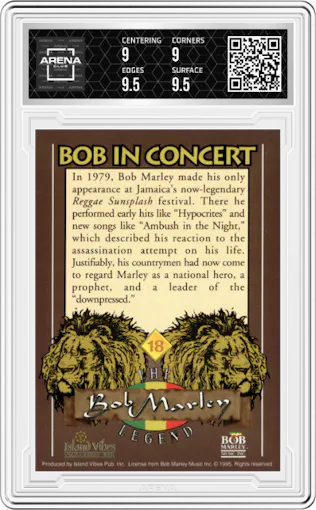 Bob Marley from the 1995 Island Vibes set graded by Arena Club and given an overall grade of 9.5.