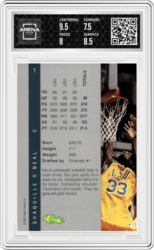 Shaquille O'Neal from the 1992 Classic Four Sport set graded by Arena Club and given an overall grade of 8.