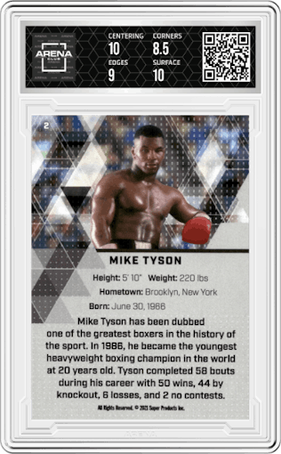 Mike Tyson from the 2021 Super Glow set featuring a Blue Foil parallel graded by Arena Club and given an overall grade of 9.