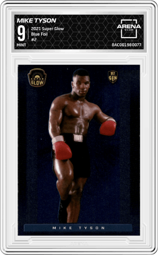 Mike Tyson from the 2021 Super Glow set featuring a Blue Foil parallel graded by Arena Club and given an overall grade of 9.