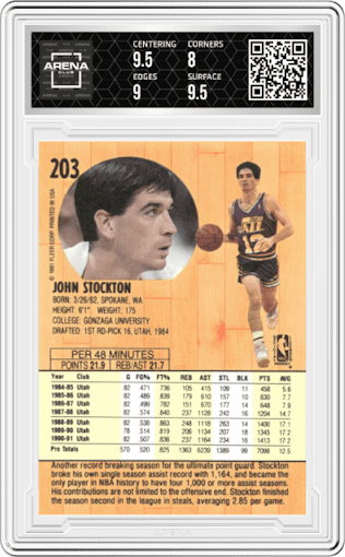 John Stockton from the 1991-92 Fleer set graded by Arena Club and given an overall grade of 8.5.
