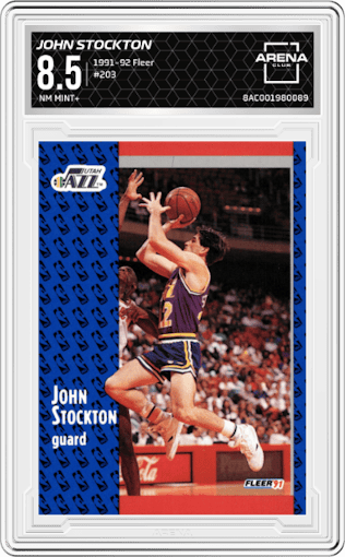 John Stockton from the 1991-92 Fleer set graded by Arena Club and given an overall grade of 8.5.