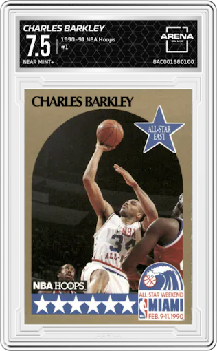 Charles Barkley  from the 1990-91 NBA Hoops set graded by Arena Club and given an overall grade of 7.5.