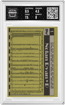 Nolan Ryan from the 1990 Topps set graded by Arena Club and given an overall grade of 5.