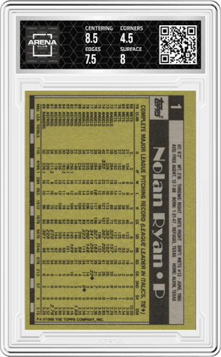 Nolan Ryan from the 1990 Topps set graded by Arena Club and given an overall grade of 5.