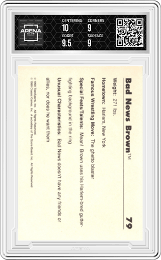 Bad News Brown from the 1990 Classic WWF set graded by Arena Club and given an overall grade of 9.5.