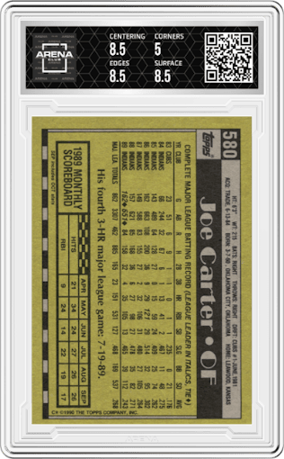 Joe Carter from the 1990 Topps set graded by Arena Club and given an overall grade of 5.5.