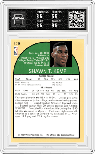 Shawn Kemp from the 1990-91 NBA Hoops set graded by Arena Club and given an overall grade of 6.